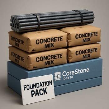 Kiçik ev bünövrəsi üçün kərpic, beton və armatur paletləri