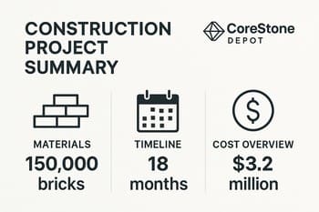 Tikinti planı, kataloq səhifəsi və material nümunələri ilə iş masasının ümumi görünüşü