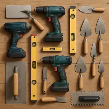 Tikinti alətləri və aksessuarlarla dolu neon işıqlı divar