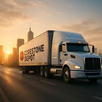 Səhər günəşi altında şəhər silueti və yolda hərəkət edən tikinti materialı maşını