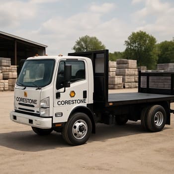 CoreStone Depot həyətində yüklənməyə hazır tikinti materialı ilə dolu yük maşınları