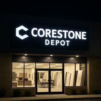 CoreStone Depot binasının gecə neon işıqlı fasadı