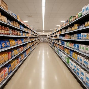 Mağaza daxilində kərpic və izolyasiya rafları ilə işıqlı keçid