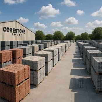 Bakı yaxınlığında CoreStone Depot həyətində sıraya düzülmüş kərpic və blok paletləri