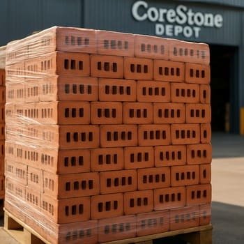 CoreStone Depot həyətində fasad və divar üçün sıralanmış kərpic paletləri