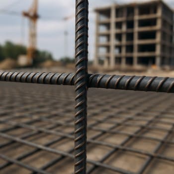 Armatur toru və polad şüalar neon işıqlı tikinti zonasını formalaşdırır