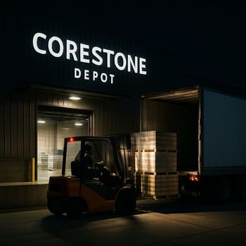 Neon işıqlı yükləmə rampasında tikinti materialları ilə dolu yük maşını