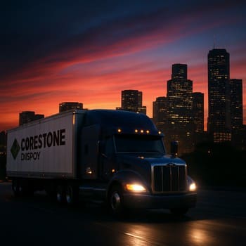 Şəhər fonunda neon xəritə üzərində tikinti materialları daşıyan yük maşını