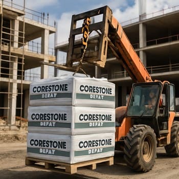 Tikinti sahəsinə çatdırılan kərpic paletləri və onları qəbul edən ustalar