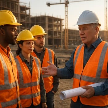 CoreStone Depot nümayəndəsi obyekt sahəsində briqada ilə planı müzakirə edir