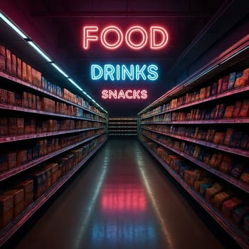 Mağaza keçidində döşəmədə neon xətt və sağ-sol raflarda tikinti materialları