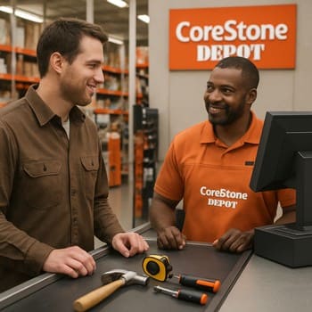 Neon işıqlı kassaya aparan yol və material siyahısı ilə kassir zonası