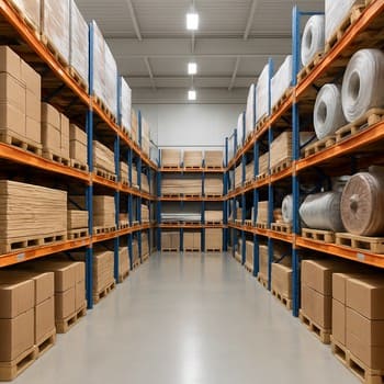 Neon işıqlı raflarda partiya kodları ilə işarələnmiş tikinti materialı paletləri