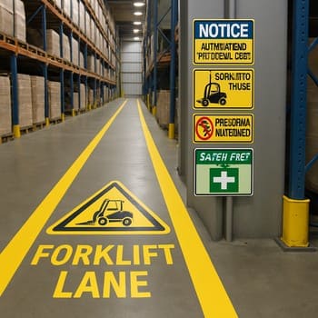 Neon xəttlə ayrılmış forklift yolu və kənarda yığılmış paletlər