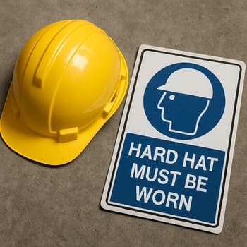 Anbar girişində dəbilqə və qoruyucu geyim üçün neon təhlükəsizlik nişanları