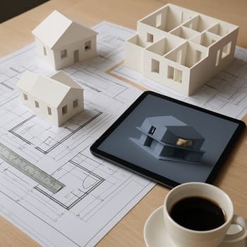 Memar iş masasının üzərində kərpic və panel nümunələri ilə eskizlər