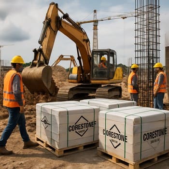 Böyük tikinti meydançasında kran və karkasla yanaşı material paletləri