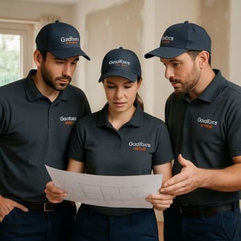 Kiçik tikinti briqadası daxili təmir zamanı materiallarla işləyir