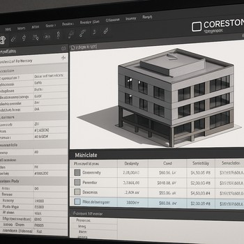 Kompyuter ekranında fasad üçün BIM modeli və material qatları