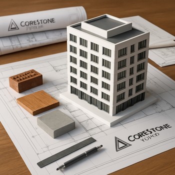 Masa üzərində maket, plan vərəqləri və material nümunələri