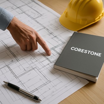 Masanın üzərində tikinti planı, kataloq səhifəsi və markerlə qeyd olunmuş material siyahısı