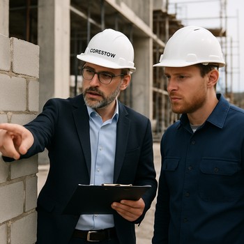 Tikinti sahəsində planı əlində tutan CoreStone nümayəndəsi və briqada
