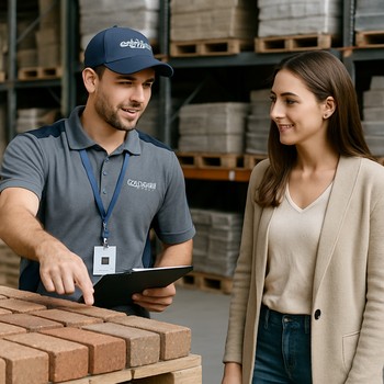 CoreStone Depot həyətində layihə eskizi üzərində material seçimi aparan müştəri və məsləhətçi