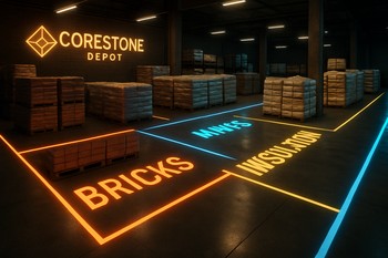 Anbarda neon işıqlı xəttlə ayrılmış staging və çıxış zonaları