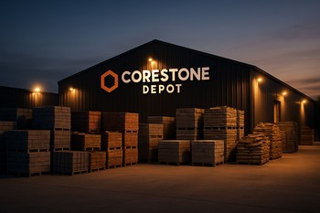 Gün batımında işıqlı CoreStone həyəti və material paletləri