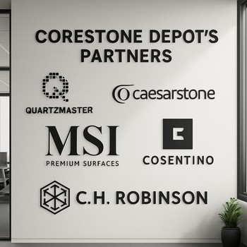 CoreStone ofisində tərəfdaş zavod və brendlərin loqoları ilə divar