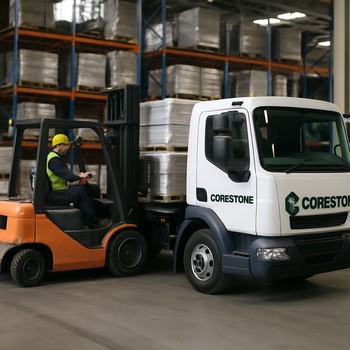 Anbar rampasında yüklənən tikinti materialı paletləri və yük maşını