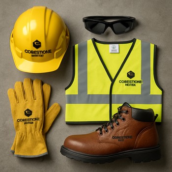 Tikinti üçün qoruyucu dəbilqə, əlcək, jilet və eynək dəsti