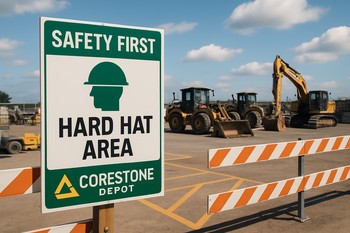 Anbarda forklift zolaqları və təhlükəsizlik nişanları ilə işarələnmiş həyət