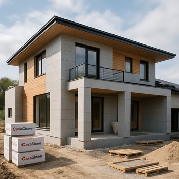 Fərdi ev tikintisi üçün həyətində planı araşdıran müştəri və usta