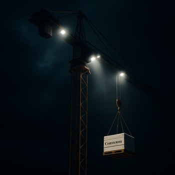 Gecə işıqlandırılmış kran və tikinti sahəsinə paletlərin boşaldılması