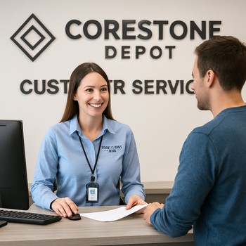 CoreStone servis masasında layihə üzrə sənədləri və material nümunələrini yoxlayan məsləhətçi