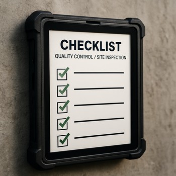 Divarda asılmış cheklist lövhəsi və işarələnmiş material mərhələləri