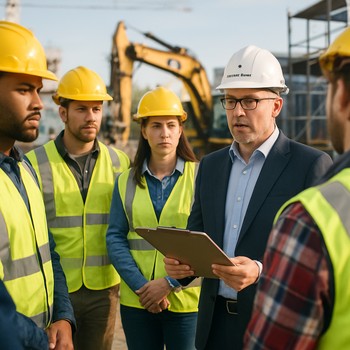 Tikinti sahəsində səhər brifinqində planı müzakirə edən briqada