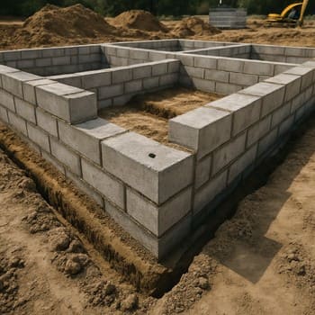 Bünövrə və daşıyıcı divar üçün kərpic və beton bloklar paletlərdə sıralanıb