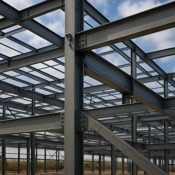 Neon işıqla vurğulanmış polad karkas, armatur dəstələri və metal şüalar