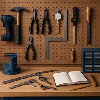 Alət dəzgahında yerləşdirilmiş tikinti alətləri və qoruyucu əlcəklər