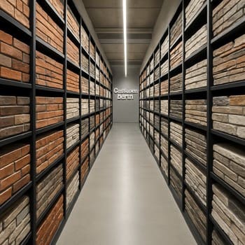 Kərpic paletləri ilə neon işıqlı anbar koridoru